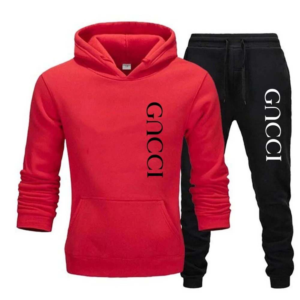 2024 Men\'s Casual Jogging Sportswear Set Hoodie and Black Sweatpants Rubberized Jacket Fashion Sports Winter Warm 2 Piece Set