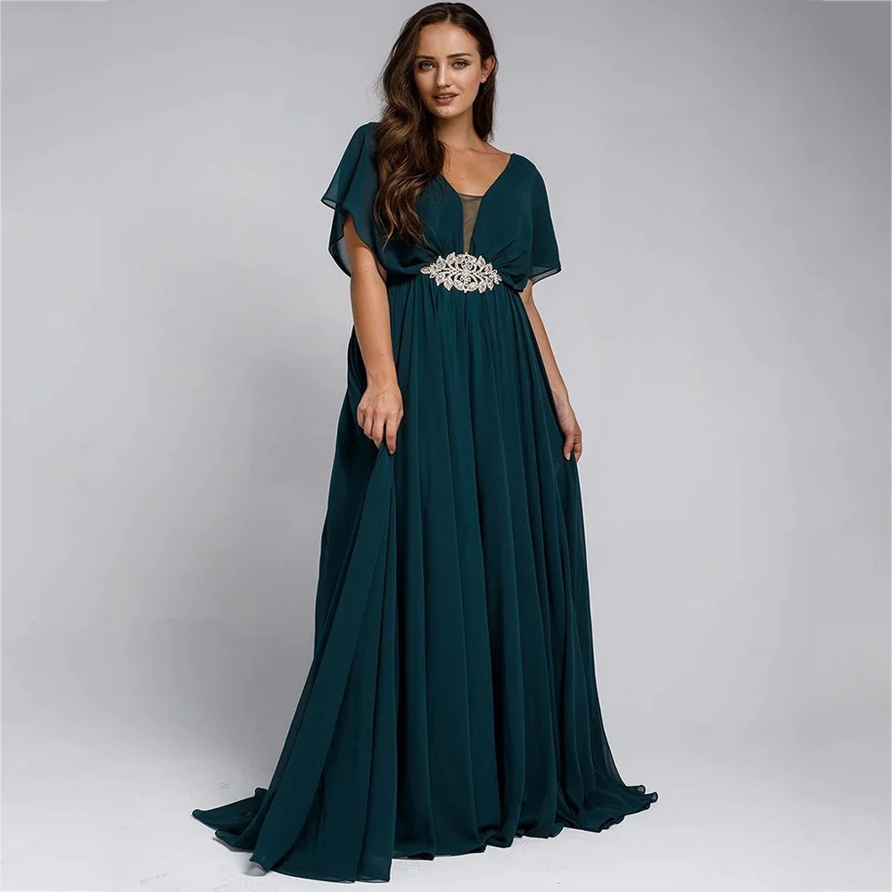 Classic Evening Dresses Short Sleeves Elegant A-line Open Back High Quality Sweep Train V-neck Women Pretty Bridesmaid Gown