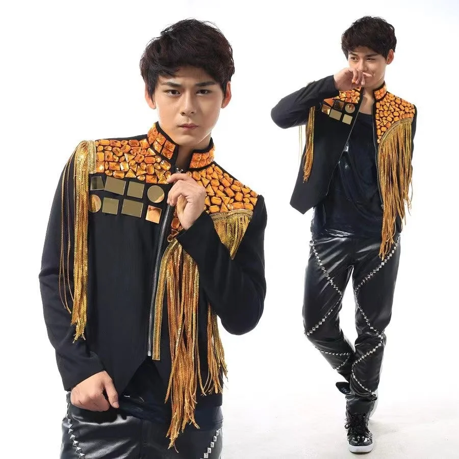 Men Red Sliver Black Tassel Sequin Jacket Bar DJ Male Korean Drumming Singer Trend Hip Hop Dance Bar Nightclub Stage Club Outfit