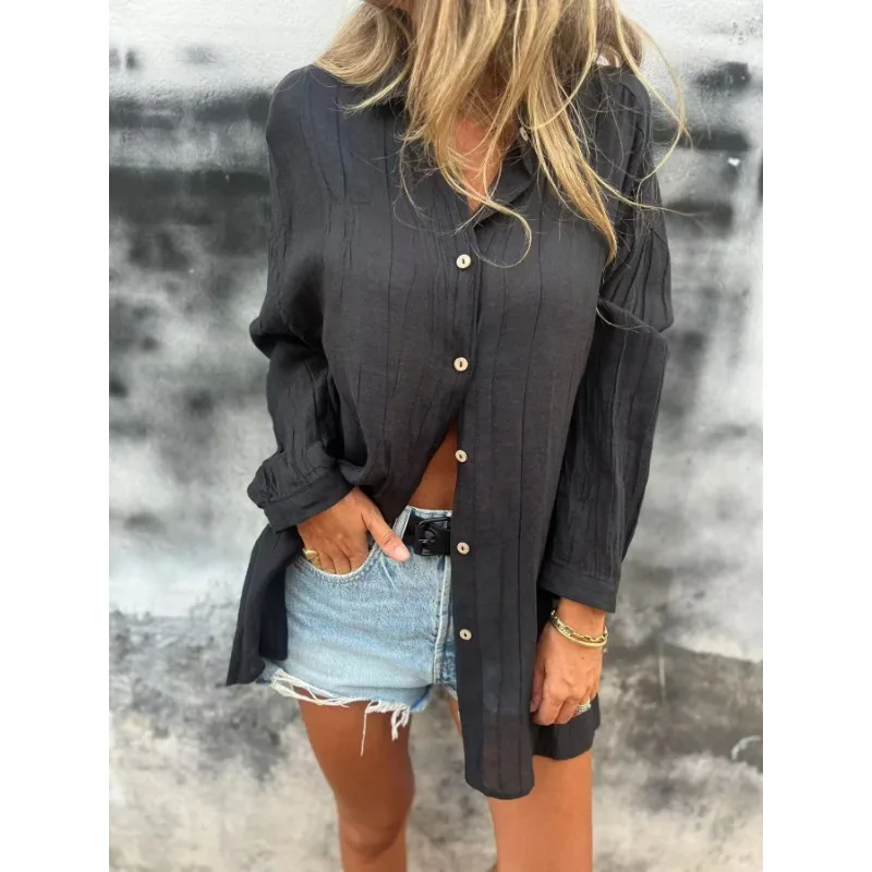 Women Solid Color Button Down Shirt Loose Long Sleeve Casual Breathable Tunic Blouse