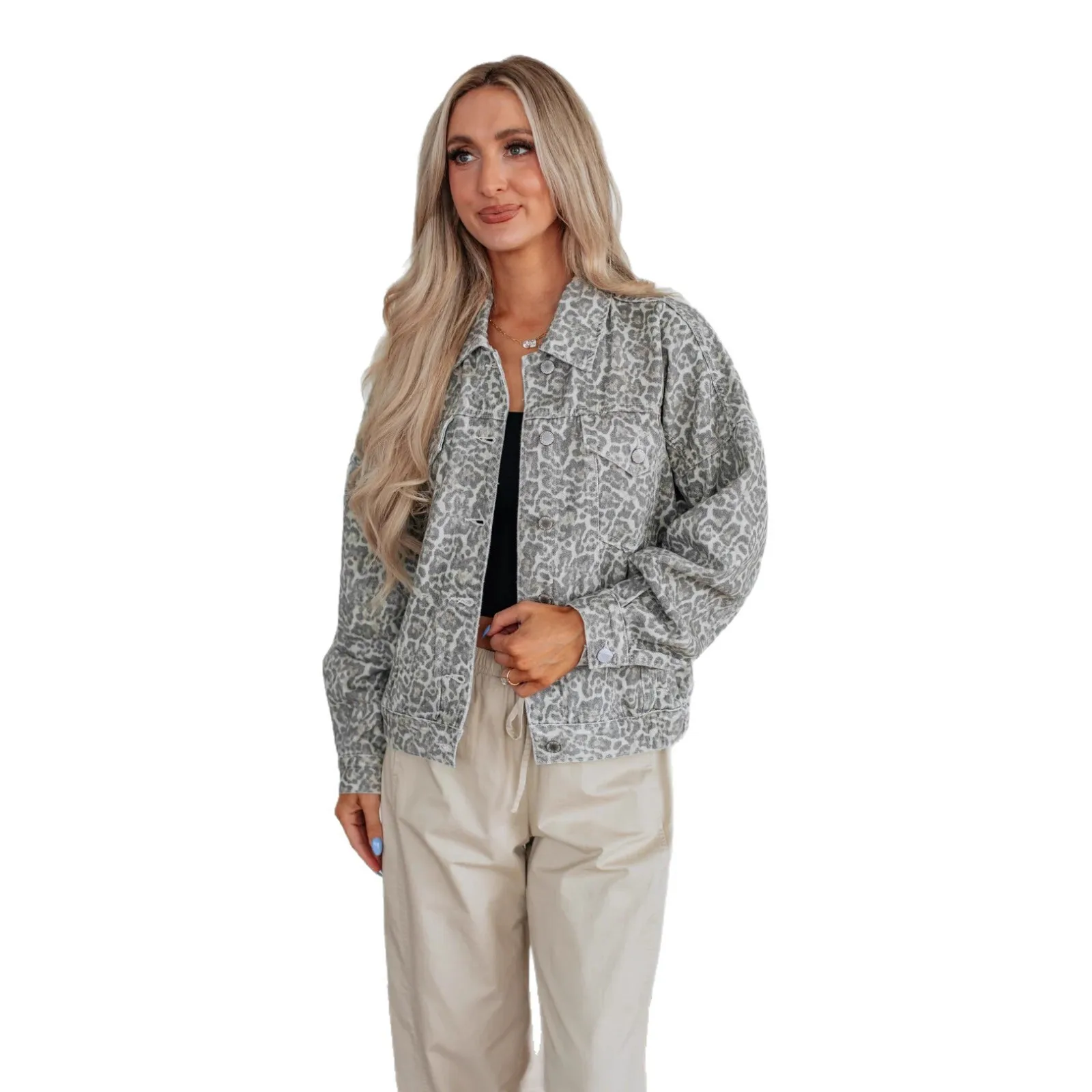 Modische, vielseitige, lockere, gewaschene, bedruckte Jeansjacke für Damen 89211