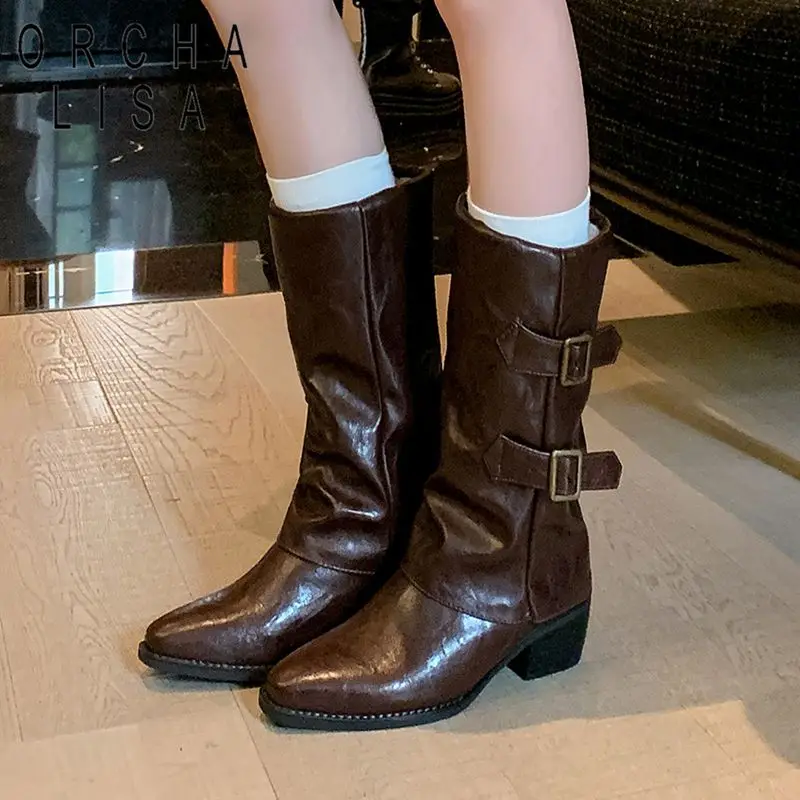 ORCHA LISA Retro Female Mid Calf Boots Pointed Toe 5cm Chunky Heels Slip On Belt Buckle Plus Size 41 42 43 US12