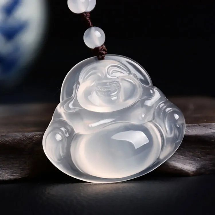 

Natural Myanmar Jadeite White Jade Buddha Necklace Men Women High Ice Grade A Burma Jade Buddha Pendant Sweater Chain Necklaces