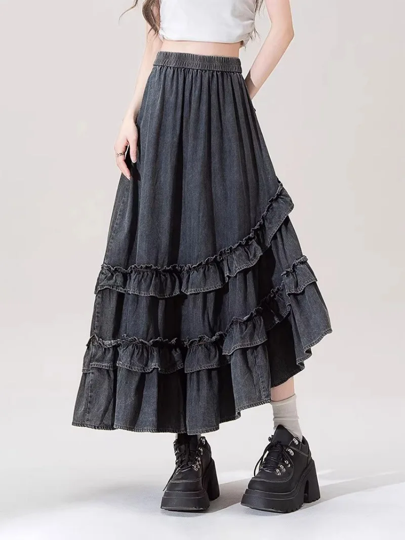 

Women's Black Denim Long Skirt with Ruffles Hem, Elastic Waist Irregular A-Line Design, Spring 2026 Fashion Jeans Skirt W2105