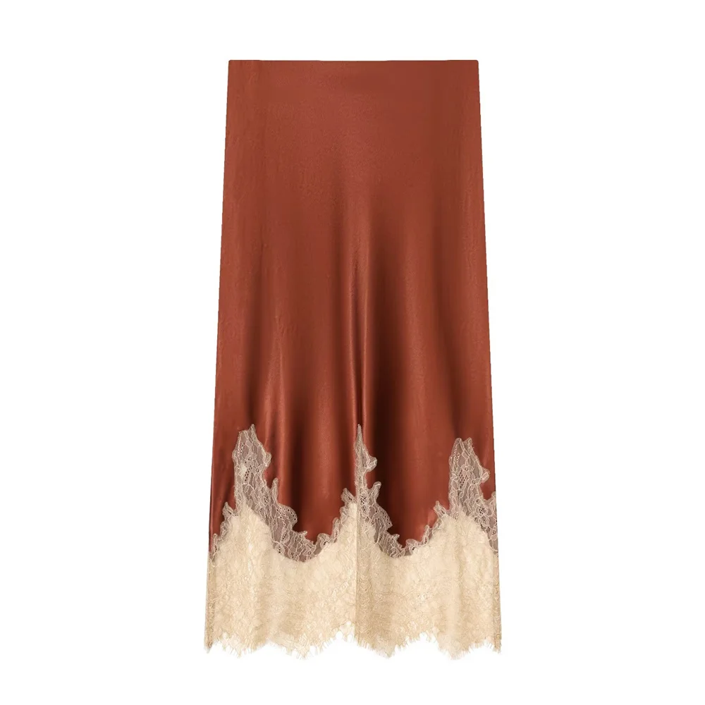 Winter New Product Women's Fashion Versatile Contrasting Lace Decoration Mid Waist Silk Texture Long Skirt Midi Half Skirt