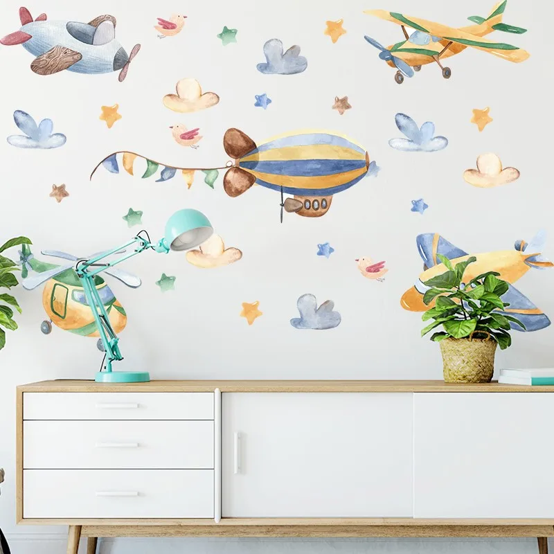 Cartoon Helicopter Aircraft Fighter Jet Wall Stickers For Kids Room Home Decoration Diy Plane Mural Art  Boys Decal Pvc Poster