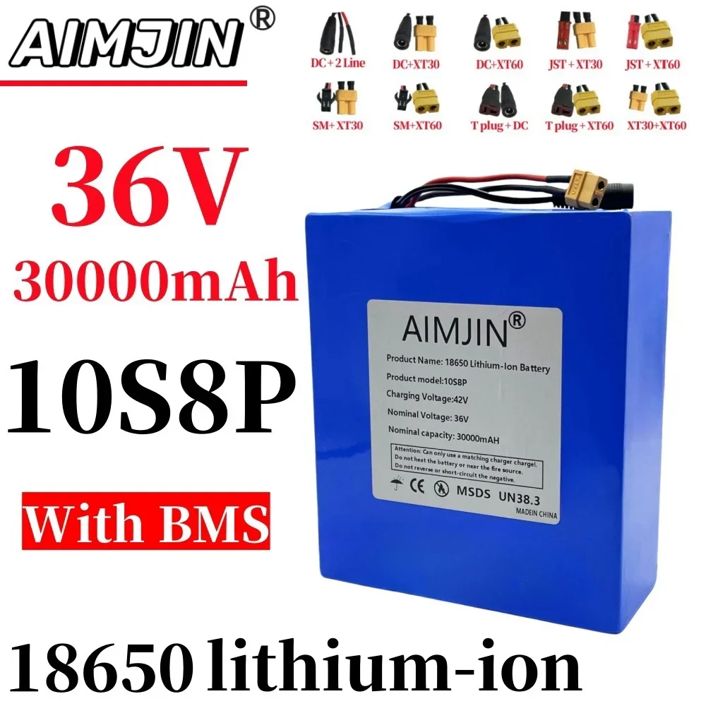 10S8P 36V 30000mAh 500-1000W 18650 lithium-ion battery pack with BMS suitable for electric scooters electric vehicles, bicycles