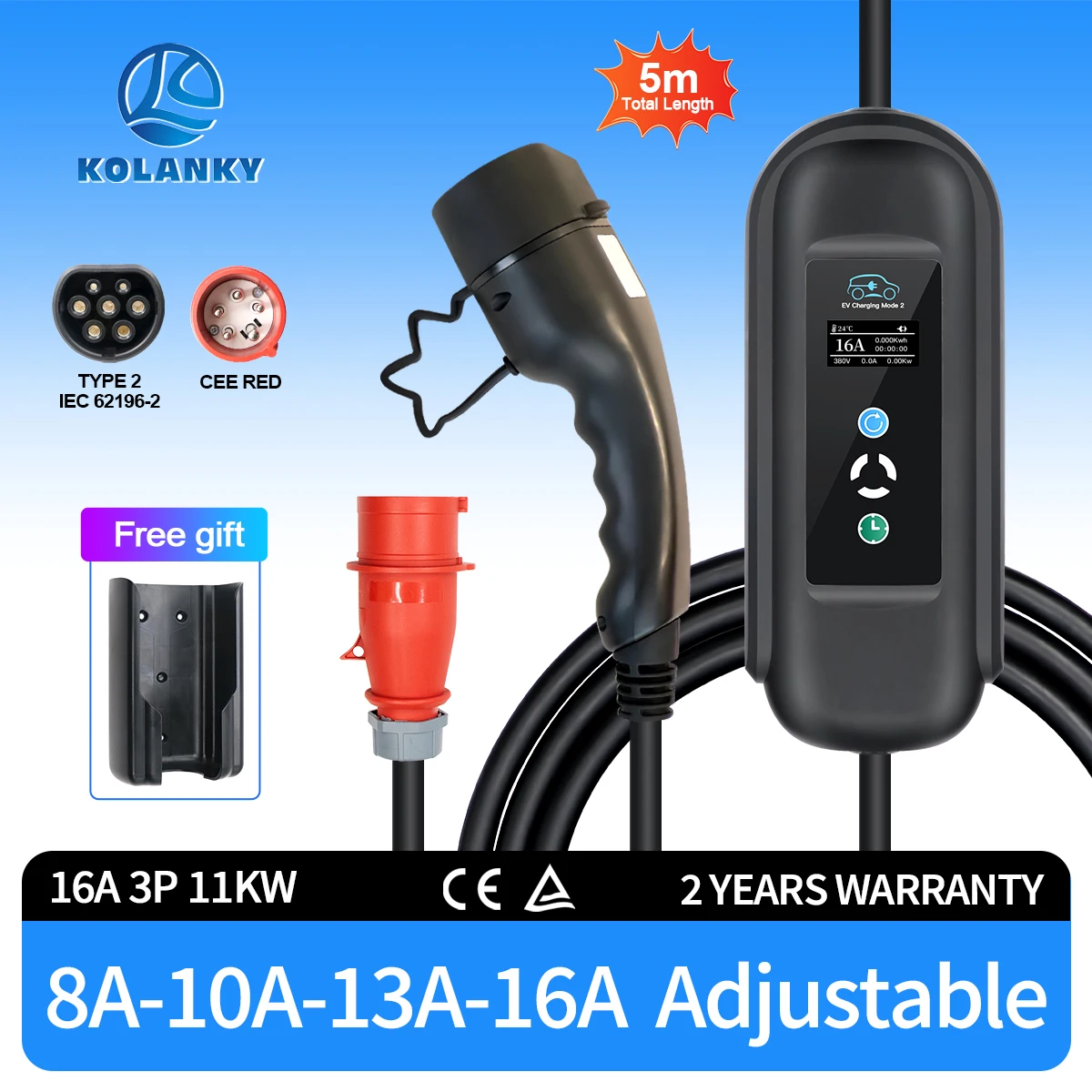 Kolanky Mobile EV Charger 16A 3P 11KW Adjust Current Memory Function Timer 1-10Hour  Charging For Electric Vehicle Cars Total 5M