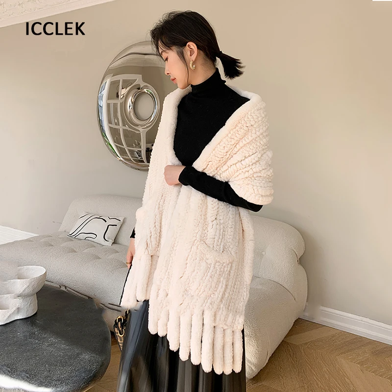 Winter Warm Fur Scarf For Ladies Luxury Real Rabbit Fur Shawls And Wraps Women Knitted Woven Fur Tassel Pocket Blanket Scarf