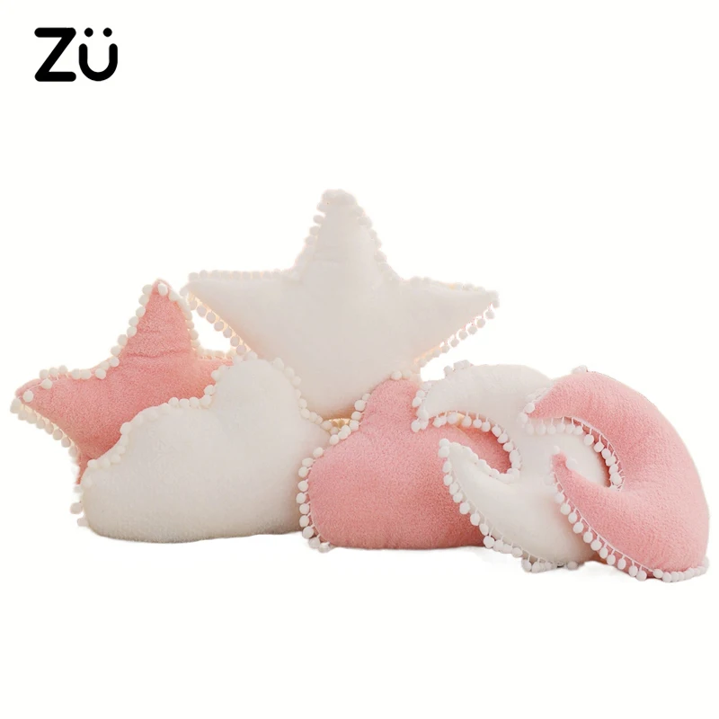 ZU Pink White Cloud Star Moon Plush Pillow Stuffed Soft Toy Bubble Lace Decor Cute Throw Pillow Home Sofa Cushion