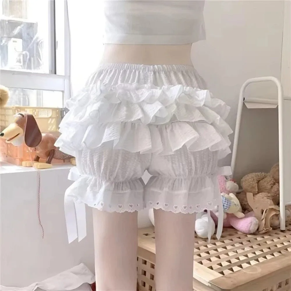 Y2K Aesthetic Pleated Lace Bow Safety Pants Ruffle Layered Pumpkin Pants Anti-glare Puffy Safety Shorts Girls