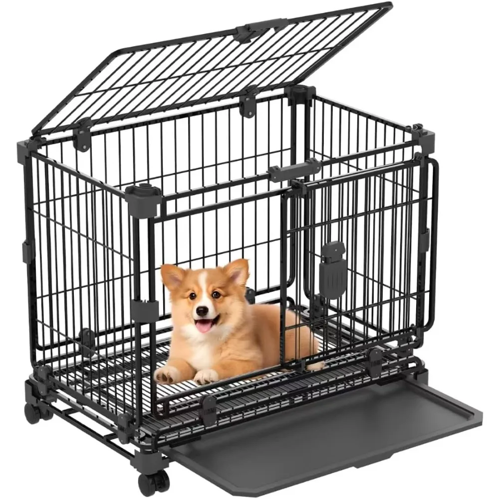 

24" Dog Crate for Small Dogs, Double Door Dog Kennel with Removable Trays & Lockable Wheels, Escape Proof Metal Pet Cage, Stacka