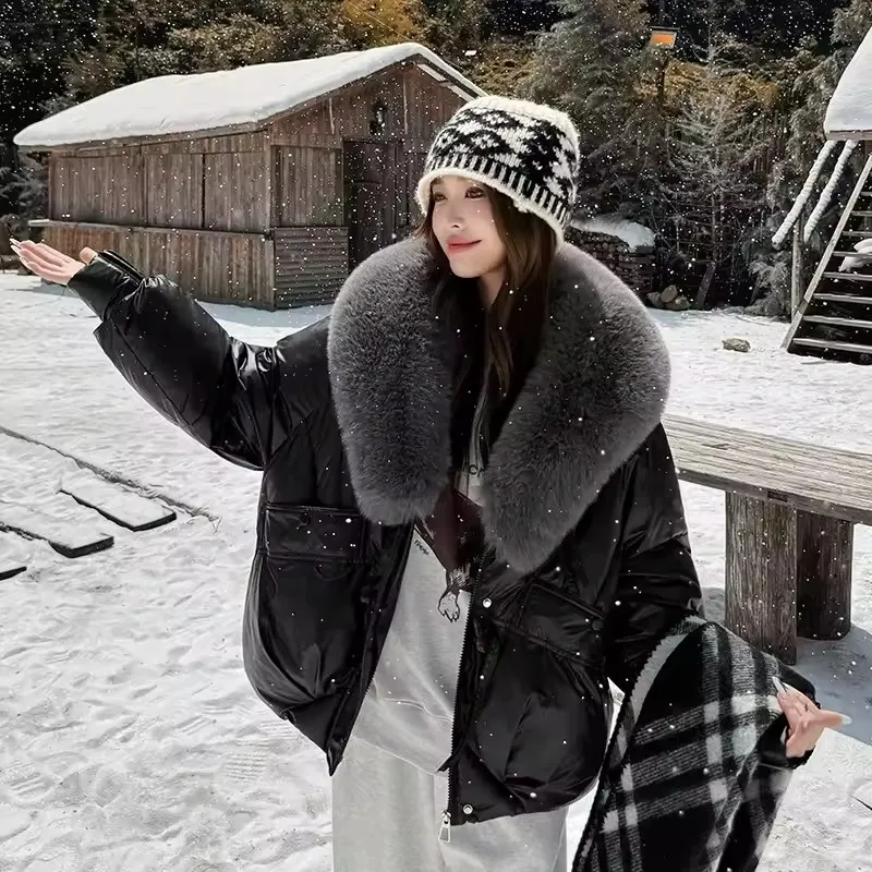 2025 Winter Women Down Cotton Coat Street Imitation Fur Collar Hooded Short Parkas  Female Basic Snow Warm Overcoat Female