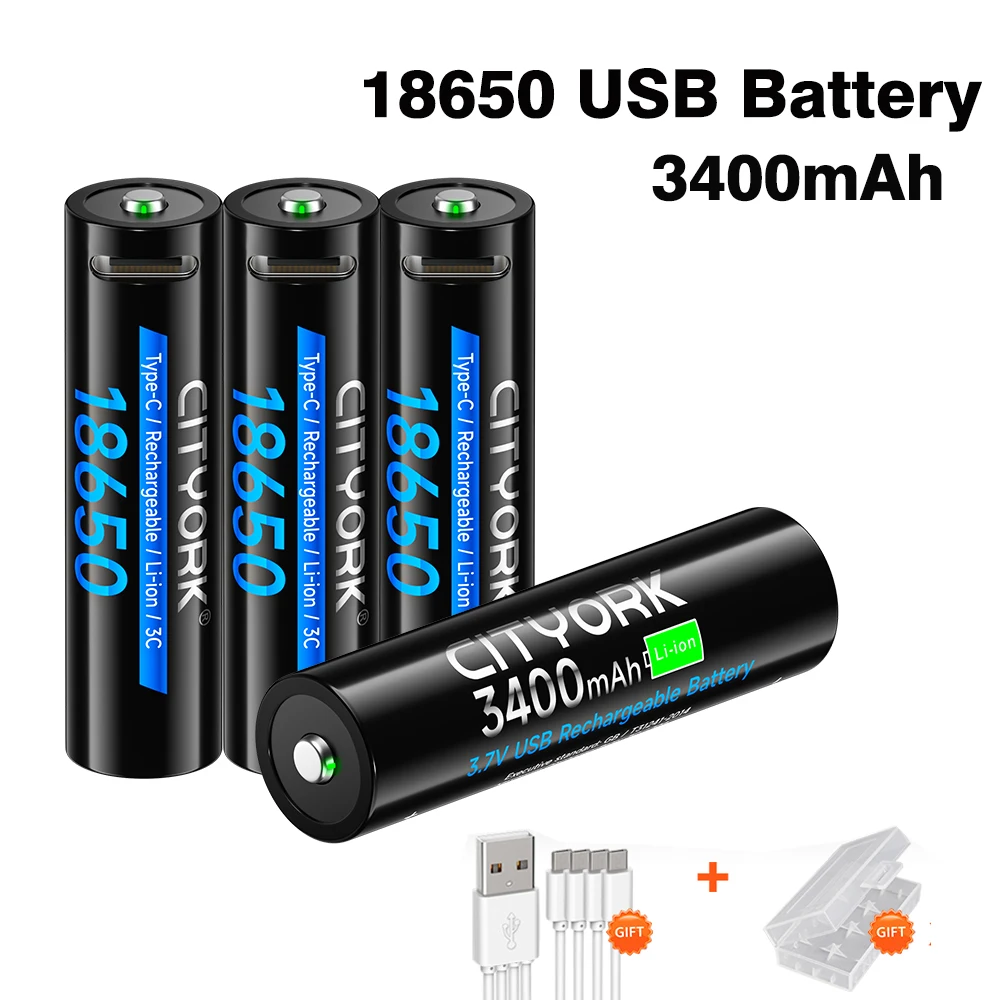 CITYORK 3400mAh 18650 Battery Rechargeable Li-ion Battery USB-C Charging For Flashlight Electric Mouse Toy Battery