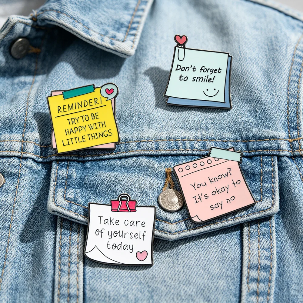 Cartoon Note Enamel Brooch Lapel Pin Don't Forget to Smile Take Care of Yourself Today Personal Letter Metal Badge Jewelry Gift