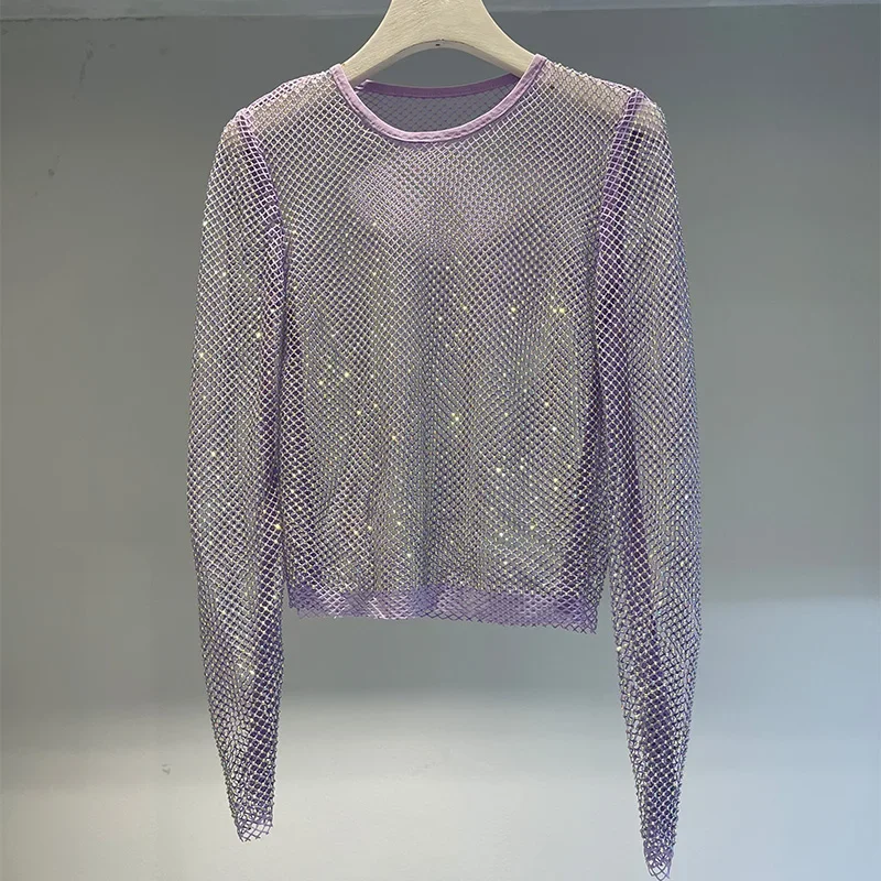 Hollow Shiny See-through Diamond Studded Bottoming Shirt Heavy Industry Elegant Slim Rhinestone O-Neck Long Sleeves Top T-shirt