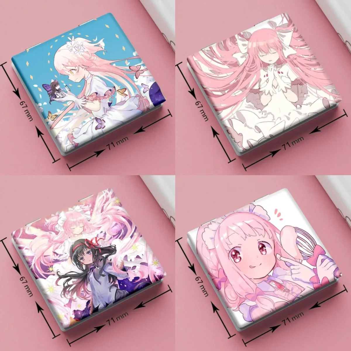 7x6cm, Puella Magi Madoka Magica, espelho de maquiagem dobrável dupla face, viagem portátil, anime fofo meninas crianças, ampliação, quadrado