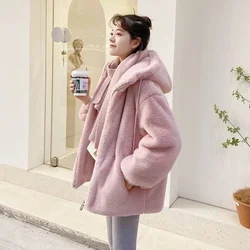 Autumn And Winter 2024 New Fashion Winter Imitation Lazy Rabbit Fur Women's Long Loose Padded Lamb Fur Coat Hooded Plush Coat