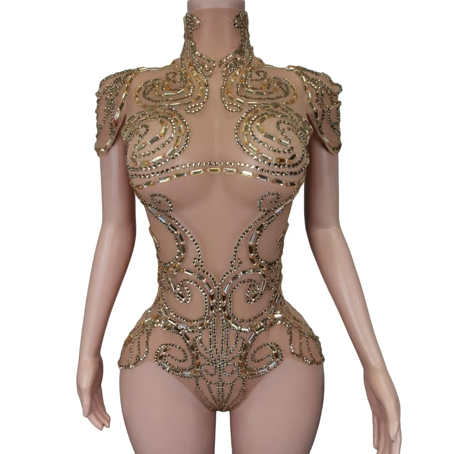 Body transparente de cristal para mujer, leotardo de cumpleaños, traje de bailarina, ropa de actuación, mono Sexy de malla con diamantes de imitación, Yangjiao