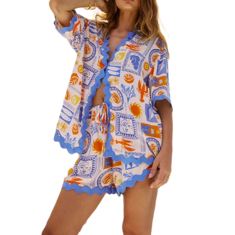 Women's 2 Piece Lounge Set Graphic Print Short Sleeve Button Down Blouse Tops + Drawstring Shorts Pajama Set Summer Vacation