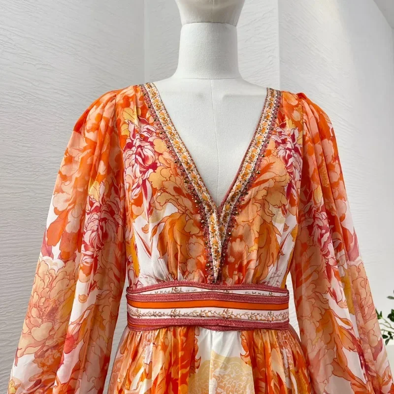 Dames Elegante Zijden Mini Jurk Oranje Bloemenprint Diamanten Geperst Lange Lantaarn Mouw V-Hals Hoge Kwaliteit Jurken Voor Vakantie