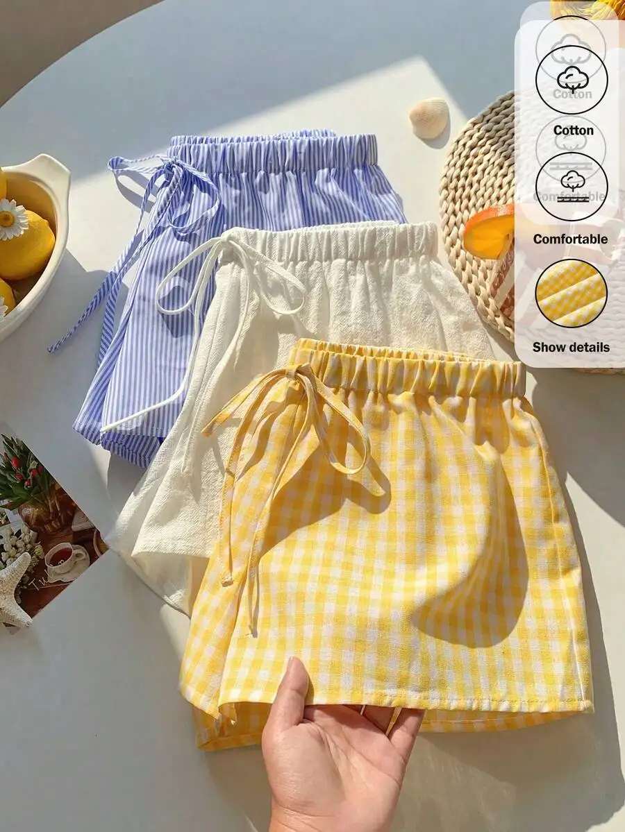 

Womens Tie Waist Striped And Gingham Casual Shorts Set 3pcs