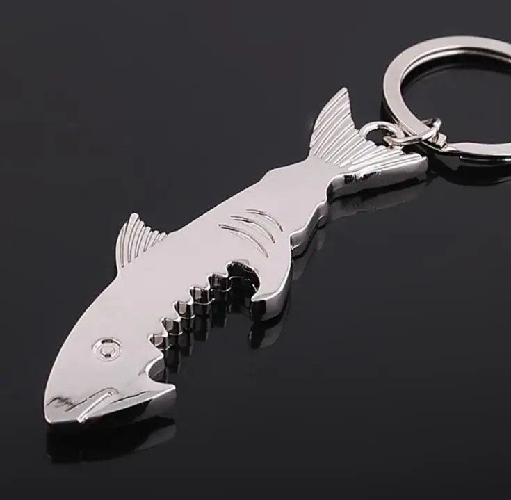 200pcs Shark Shaped Bottle Opener Keychain shaped zinc alloy Silver Color Key Ring Beer Bottle Opener Unique Creative Gift ni362