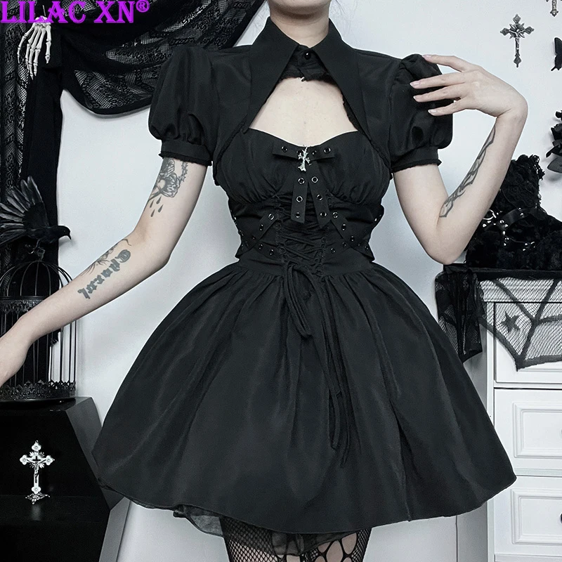 

Y2K Black Bandage Summer Party Dresses for Women Goth Sexy A-Line Sleeveless Plaid Bodycon Mini Vestido Short Dresses Streetwear
