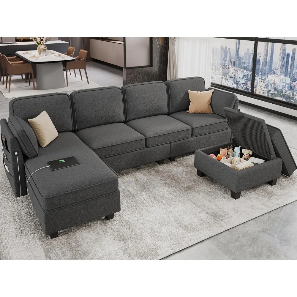 

113'' Sectional Sofa with Storage Seats, U Shaped Convertible Sofa Couch with Large Reversible Chaise, Comfy Chenille Sofa W USB