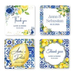 Personalized Lemon Gift Labels,Blue tile and Lemon Bridal Shower Stickers, Round/Square Sticker Labels