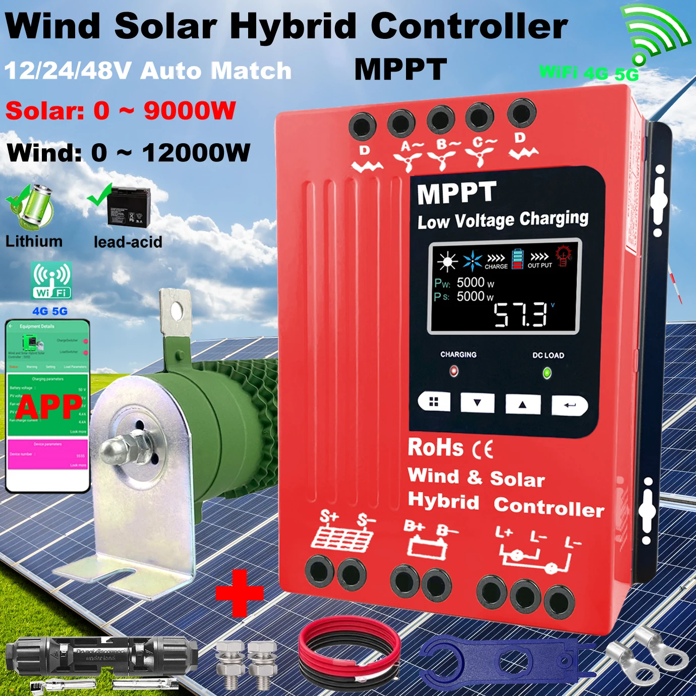 

Гибридный контроллер заряда MPPT Wind Solar 4000 Вт 12 24 48 В 80 А 120 А ЖК-дисплей Wi-Fi монитор для литиевой свинцово-кислотной батареи Lifepo4