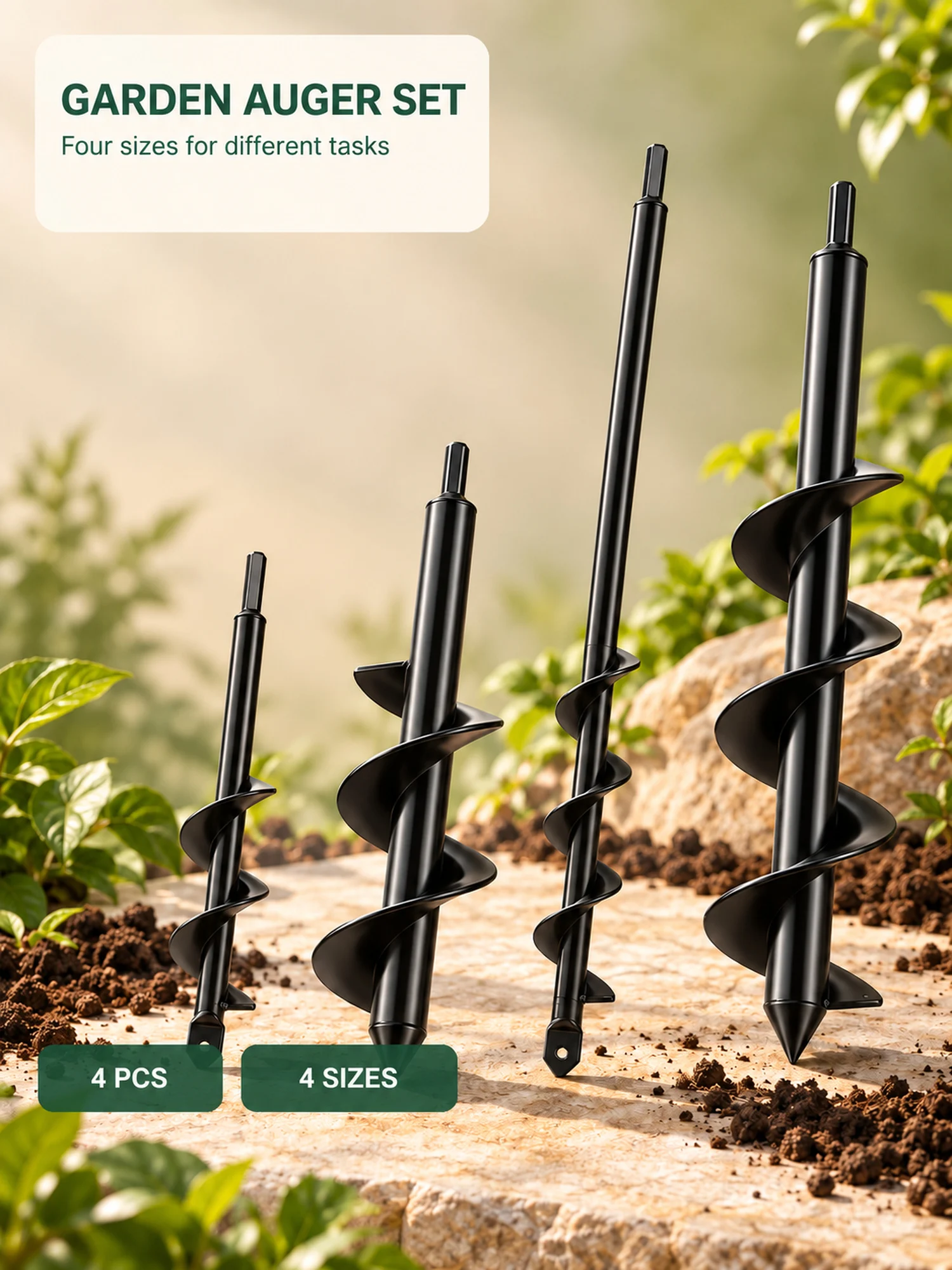4PCS Garden Auger Drill Bit Set, 4 Sizes Hex Shank Earth Planter & Post Hole Digger for Bulbs, Seedlings, Fence Posts