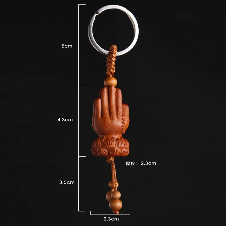 Peach Wood Palm Keychain Lotus Buddha Palm Keychains Vintage Key Chain Bag Pendant Charms Men Jewelry