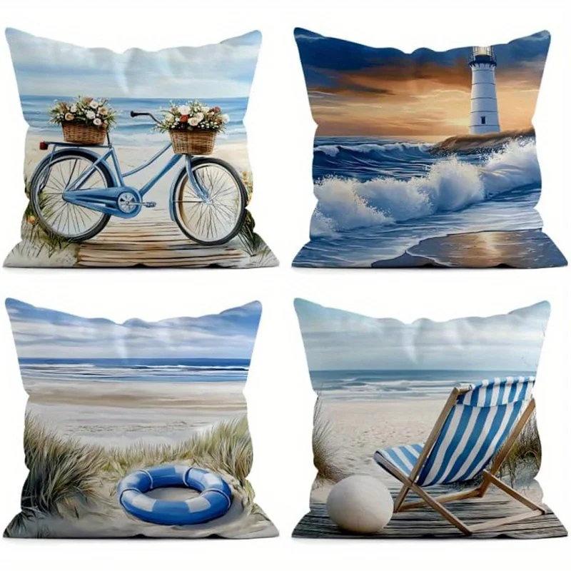 Pillow cover 50x50 Pillow cases 50x50 Home Decor Beach Scenes: Bicycle, Lighthouse, Chair Decor Pattern Cushion Cover Suitable
