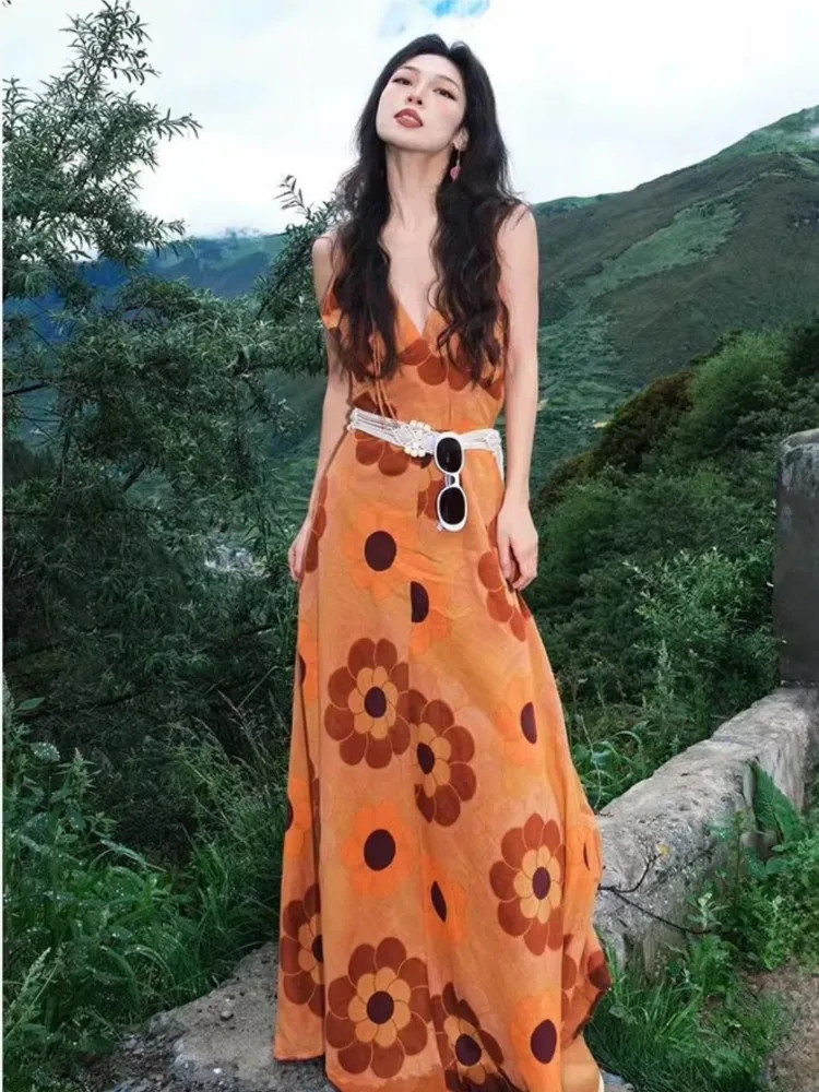 

V-link Dress Fashion Vestidos Printed Dresses For Woman Spaghetti Strap Vacation Holiday Slim Flower Beach French Temperament