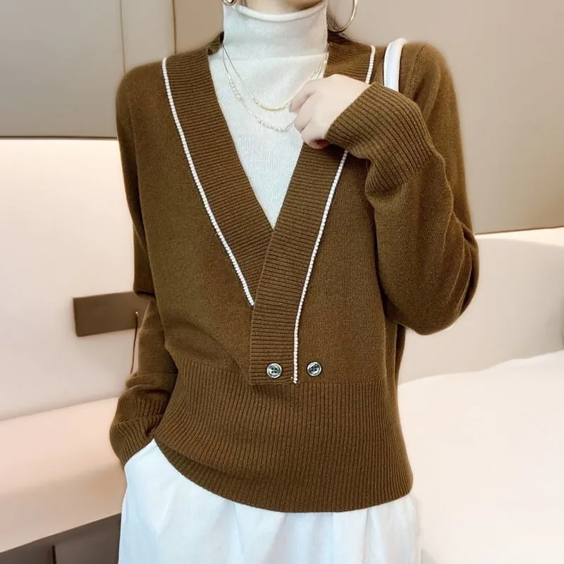 Women's Half High Collar Patchwork Striped Button Sweater Autumn and Winter Casual Pullover Long Sleeve Office Lady Knit Tops