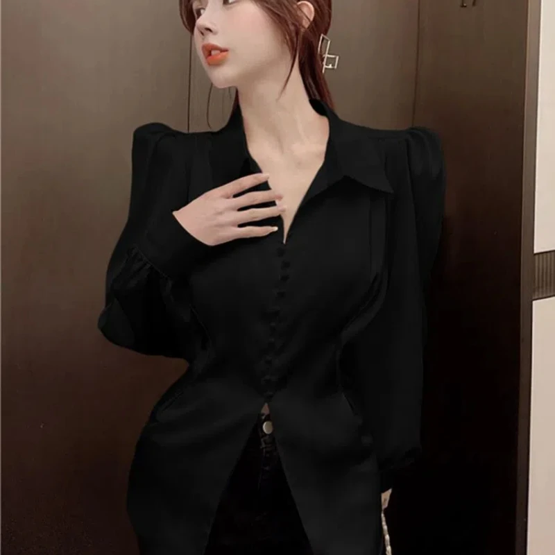 Fashion Bow Satin Shirt Spring Autumn Korean Temperament Tunic Puff Sleeve Button-down Shirts Solid Elegant Female Blouses Top