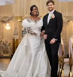 Aso Ebi Princess Mermaid Wedding Dresses with Detachable Train Long Sleeve Customsized Buttons Back Bridal Gown Outfit 2025
