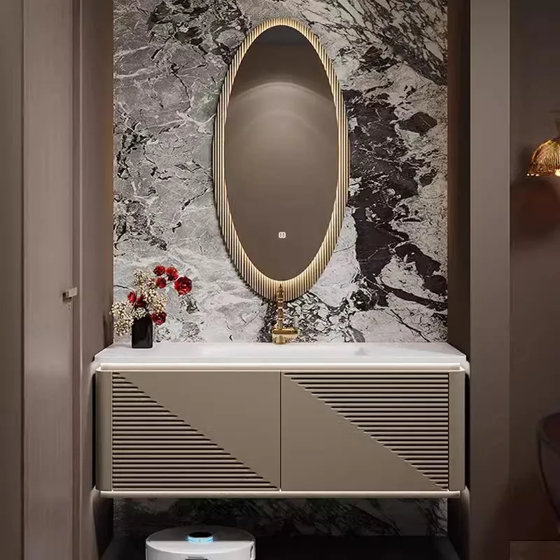 Corian integrated basin bathroom cabinet modern light luxury oak washstand bathroom cabinet combination customization
