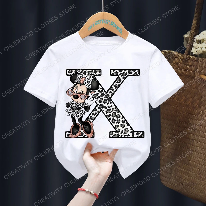 Camiseta de Minnie con letras A, B, C y D para niños, camiseta Kawaii de Disney, ropa informal de dibujos animados de Anime, camiseta de manga corta