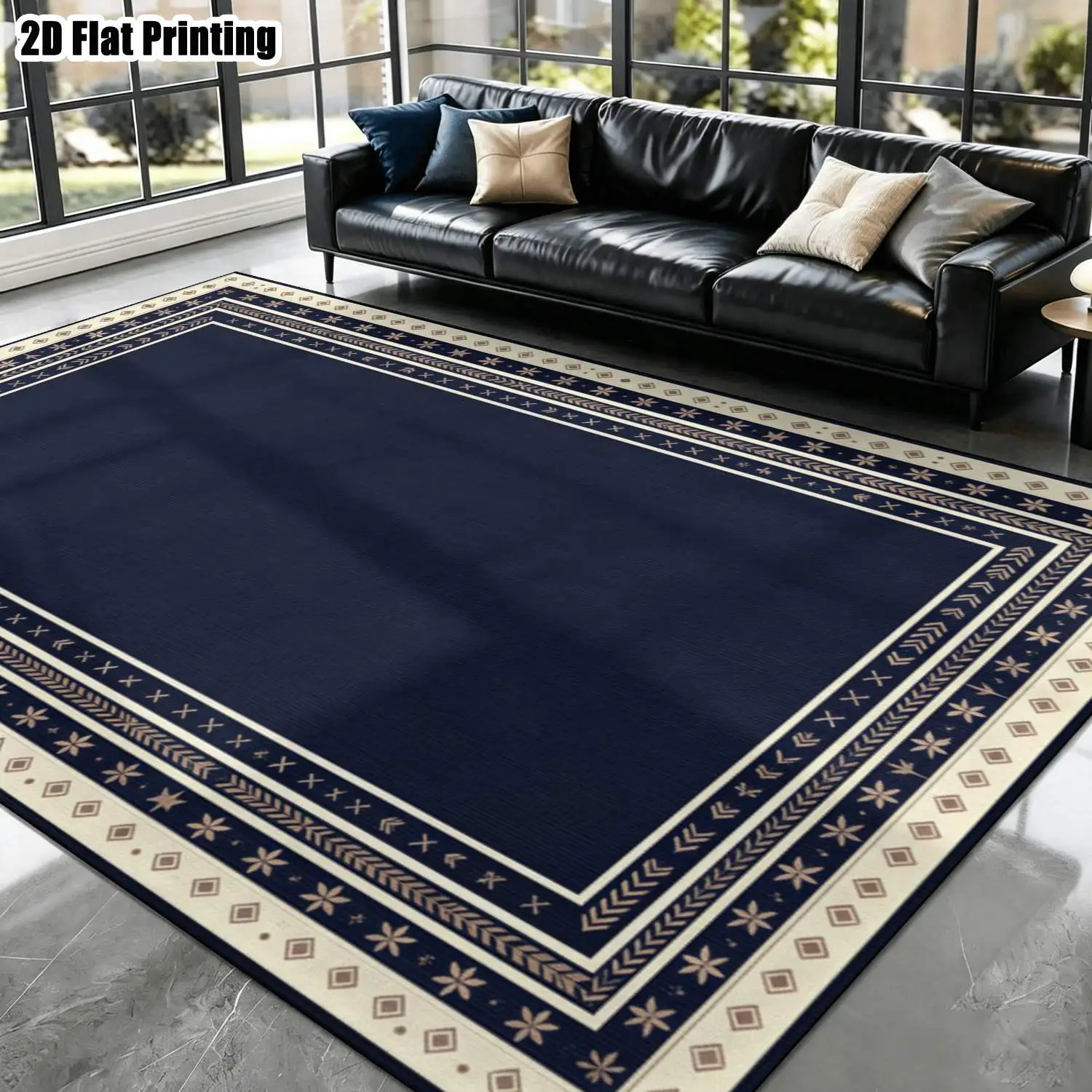 1Pc 2D Printed Carpet: Dark Blue Geometric Border, Nordic/Modern Minimalist/European Style, Ideal for Home Decor, Multiple Sizes, Machine Washable, Suitable for Entryway, Living Room, Bedroom, Dining Room, Study