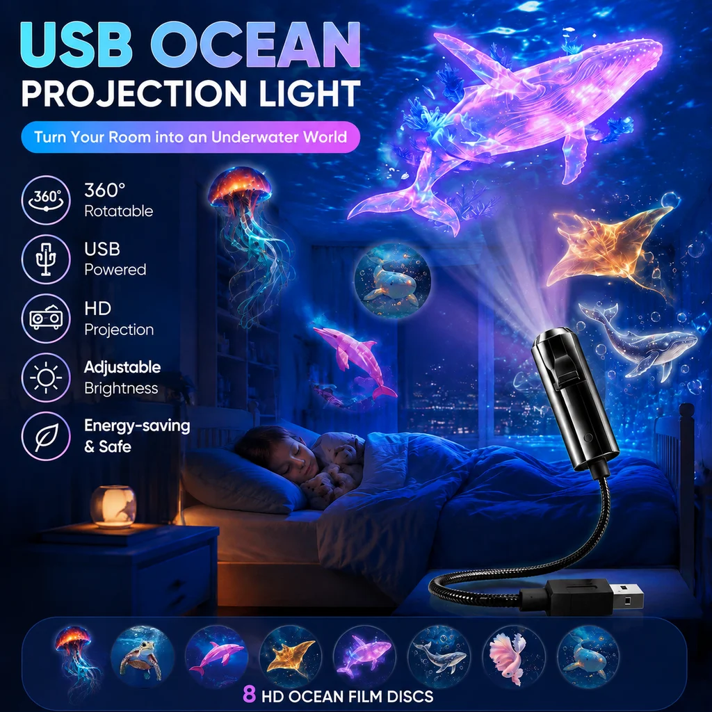 USB Ocean Projector Night Light with 6/8 Replaceable Films Ceiling Decor Lamp for Bedroom Living Room Halloween Party Decoration