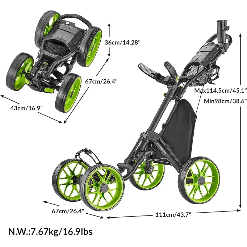 CaddyTek 4 Wheel Golf Push Cart - Caddycruiser One Version 8 1-Click Folding Trolley - Lightweight, Compact Pull Caddy Cart