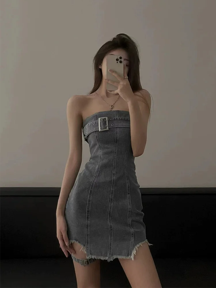 Summer American retro pure desire Spice Girl denim tube top dress niche design sense fashion fried street a word short skirt