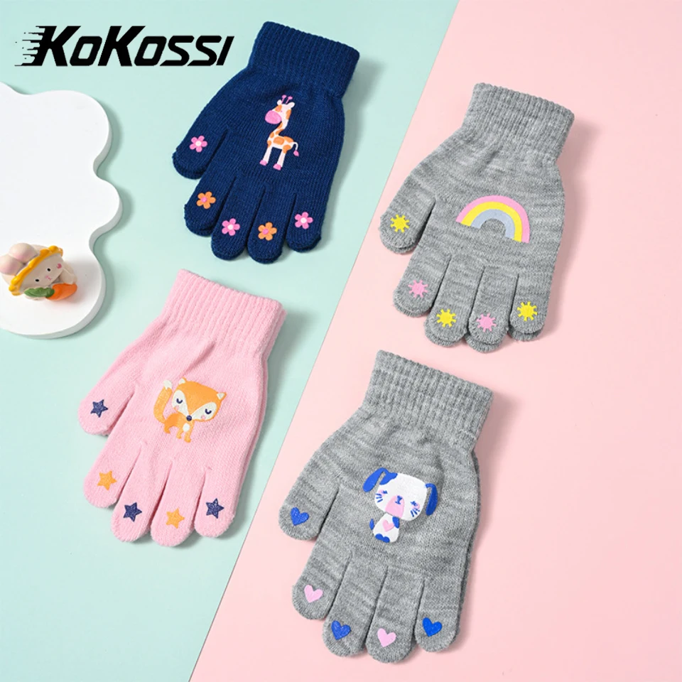 KoKossi Winter Cute Children's Cartoon Animal Knit Gloves Boys Girls Warm Insulated Gloves Five-finger Design Outdoor Windproof