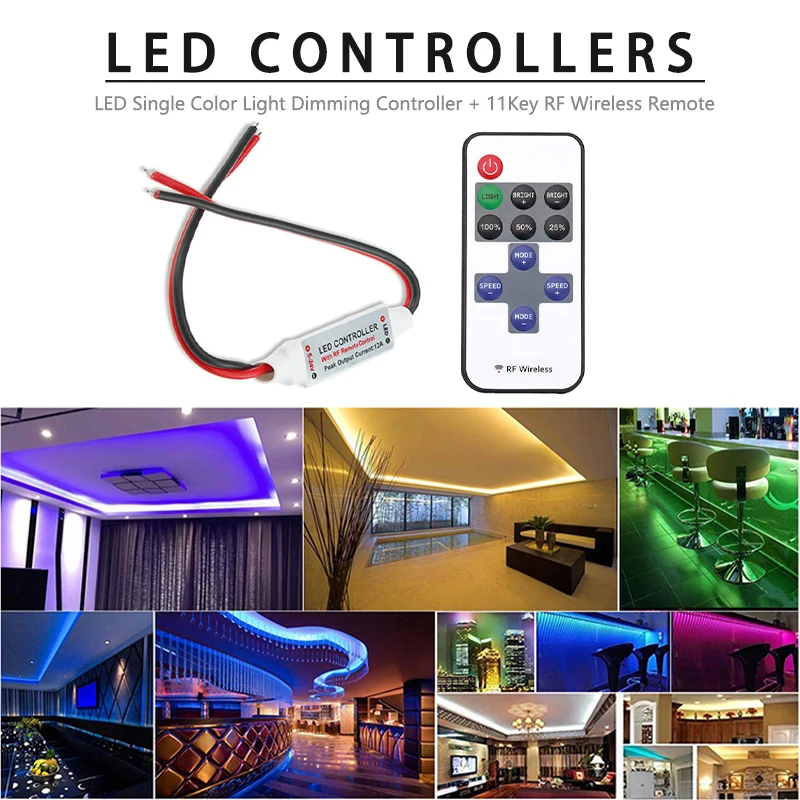 11-Key Mini LED Single Color Dimmer DC 5V 12V 24V 12A 5050 2835 3014 Strips Lights RF Wireless Remote Control Dimming Controller