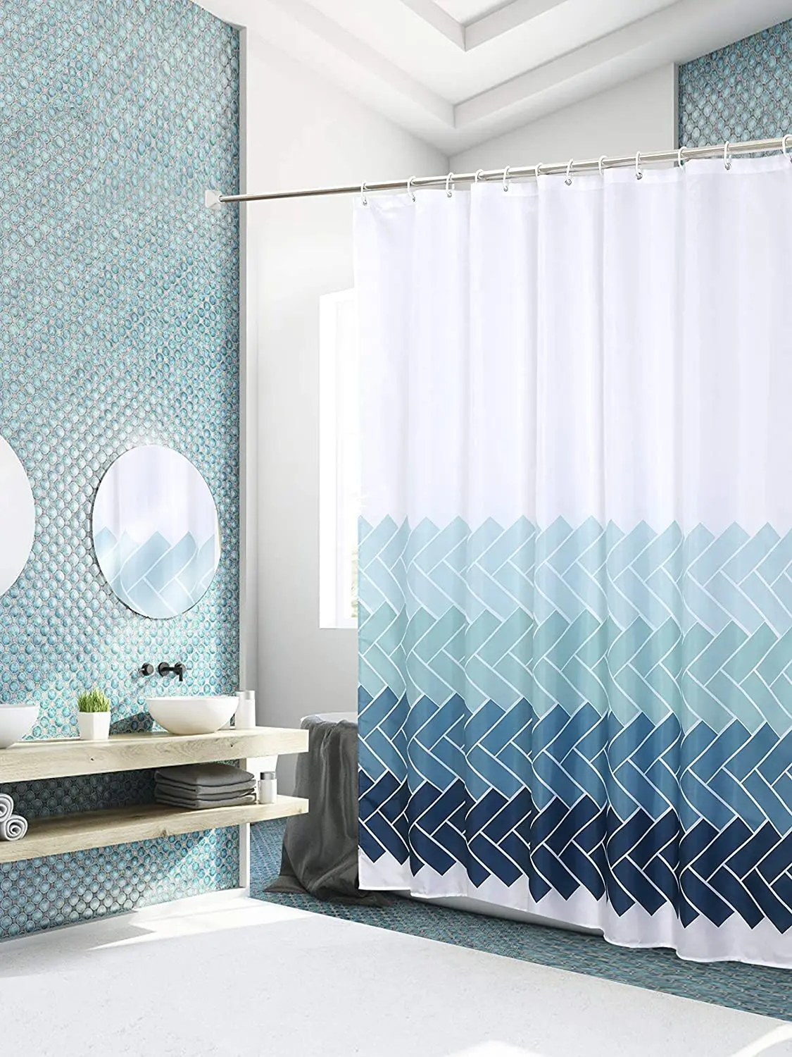 Bathroom curtain, shower curtain, 180 x 180 cm, 180 x 200cm，waterproof, antibacterial fabric with 12 white rings, blue gradient