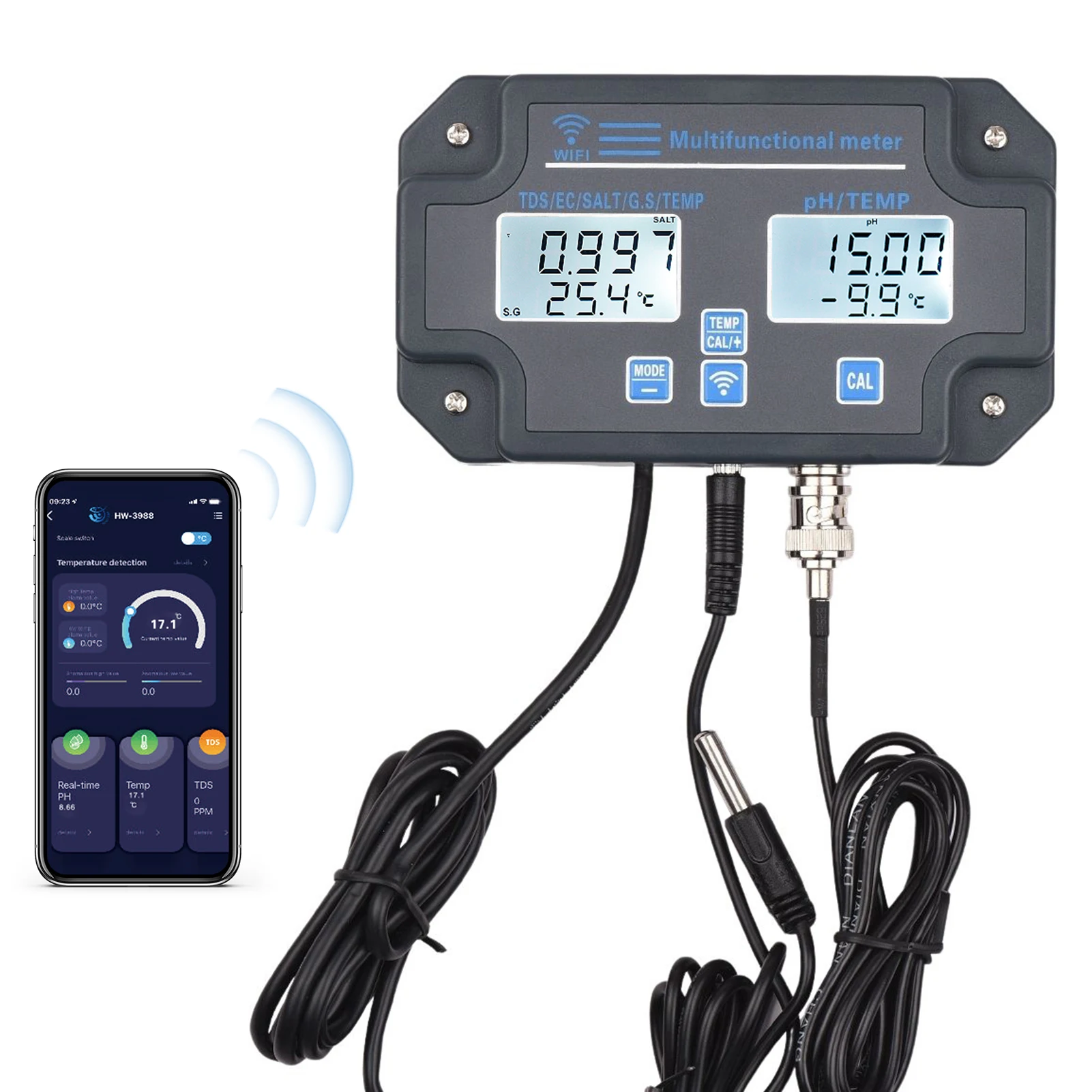 

Tester Wall Mounted 6in1 Water Analyzer PH/EC/TDS/SALT/G.S/Temperature APP Remote Monitoring Alarm Notice