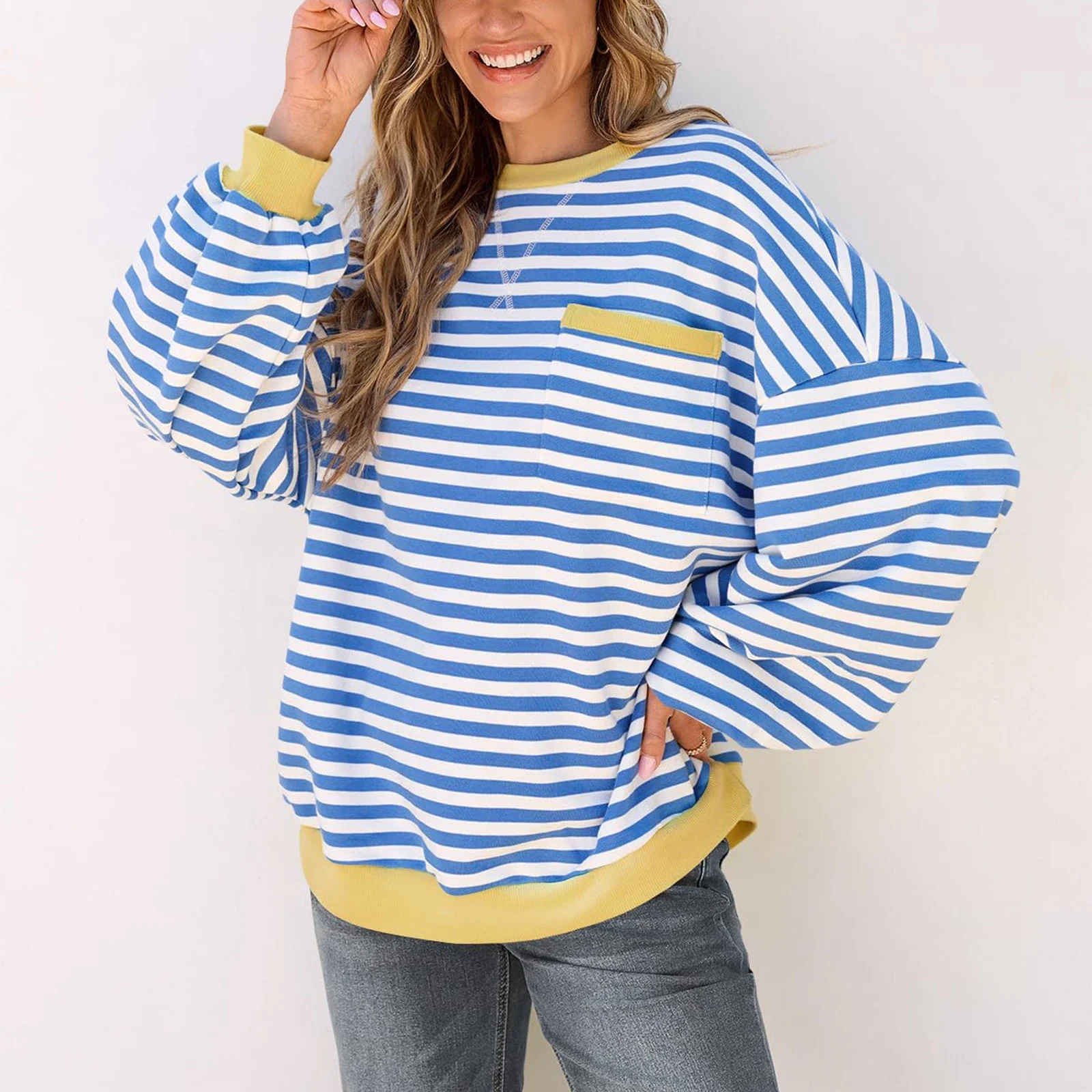 Women's Striped Loose Sweatshirt Spring Autumn Long Sleeve Round Neck Casual Pullover Tops