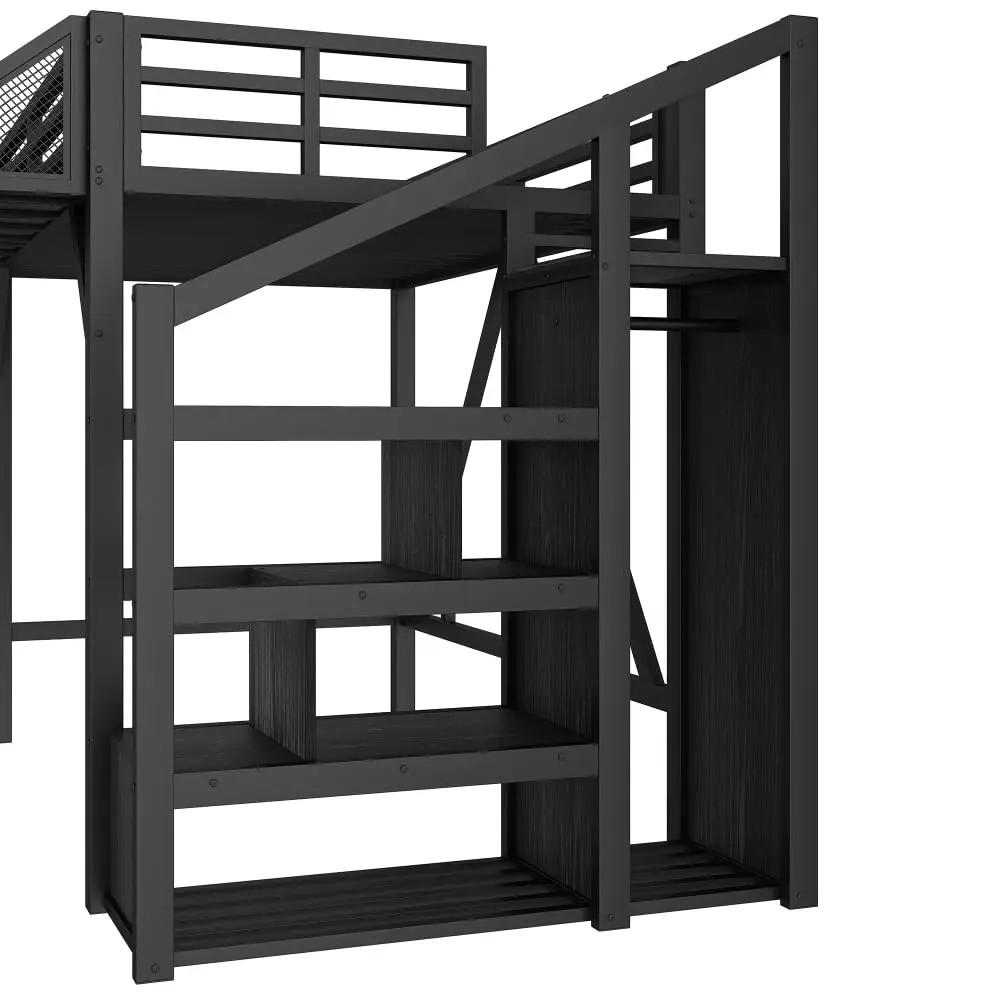 Twin Loft Bed Storage Stairs Shelves Wardrobe Metal Frame USB LED Lights Noise-Reduced Black MDF Twin, Customized image 5